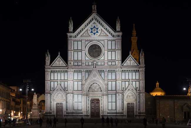 Lighting of the facade of the Basilica of Santa Croce in Florence