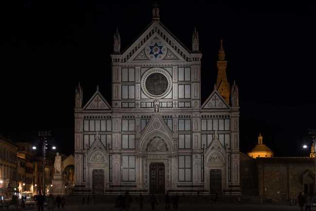 Lighting of the facade of the Basilica of Santa Croce in Florence