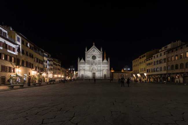 Lighting of the facade of the Basilica of Santa Croce in Florence