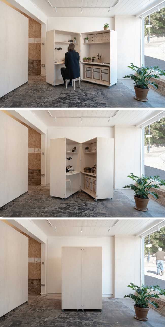parete mobile in legno che diventa scrivania