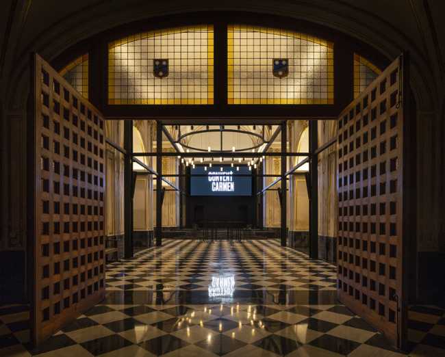 The wooden door and the decorated floor