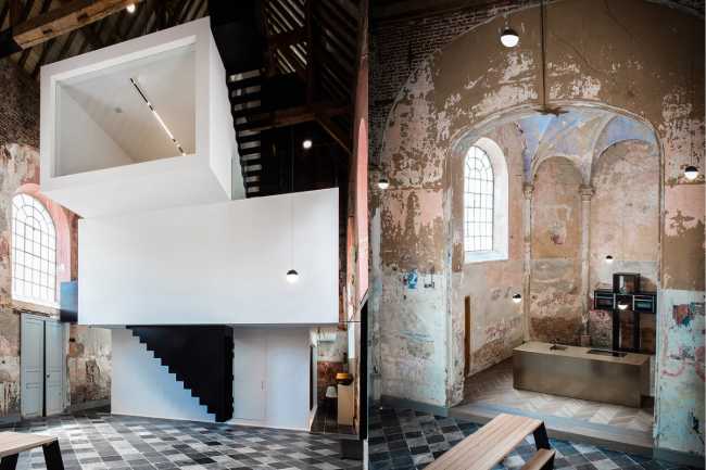 The volume of the offices and the kitchen located on the altar