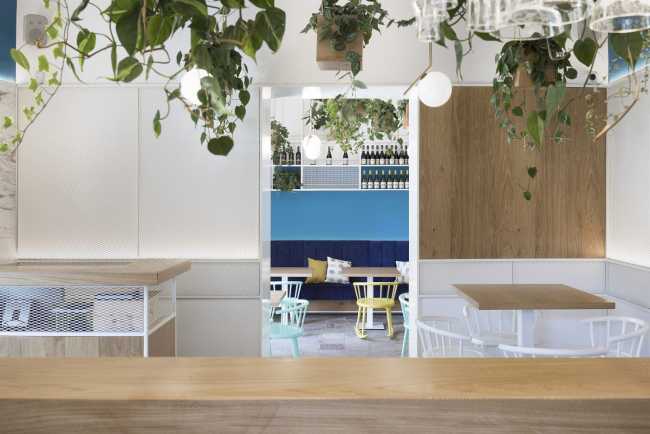 restaurant hall with colored wall