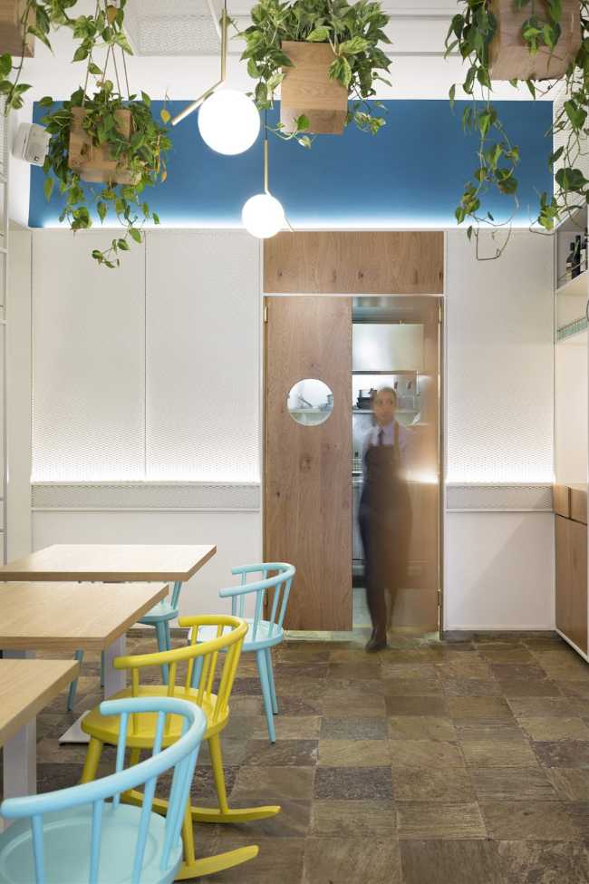restaurant kitchen with wooden door
