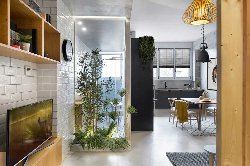 A wooden cube wraps around the bedroom