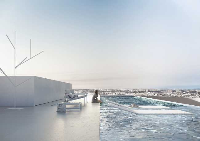 Piscina en voladizo al final de una de las dos torres