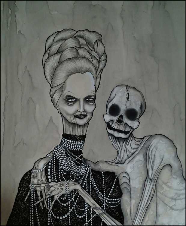 Illustrated skulls and portraits