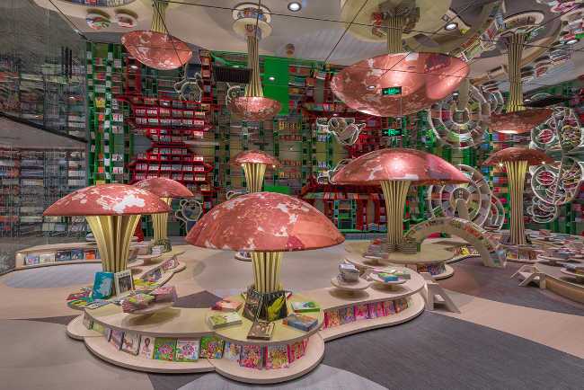 Children's library with large ceiling mirrors