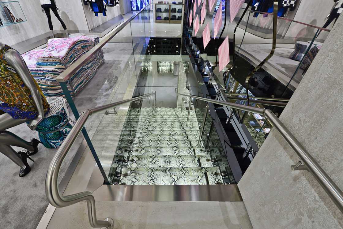 Glass staircase with python inserts