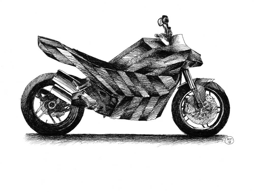 Moto in rame con le linee spigolose