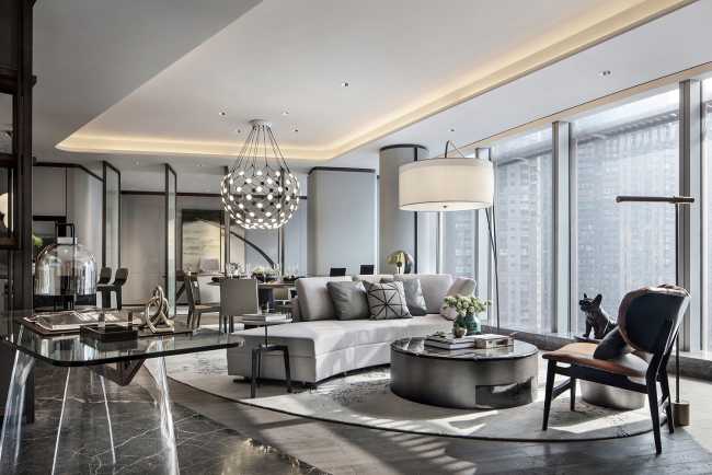 The living area consists of two types of stone and wood flooring