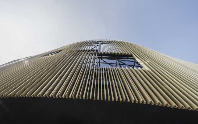 padiglione-centro-cultura-legno-circolare-istruzione-competizione-paesaggio-cielo-esposizione-illuminazione-doghe-lamella-cerchio-illuminazione-esterno