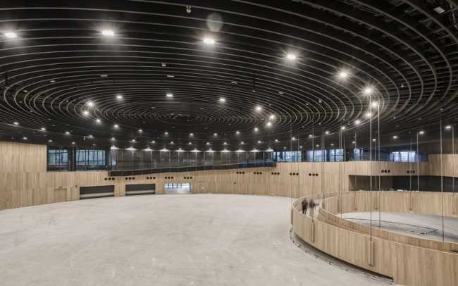 padiglione-centro-cultura-legno-circolare-istruzione-competizione-esposizione-illuminazione-rampa-doghe-lamella-cerchio-illuminazione-struttura-interno