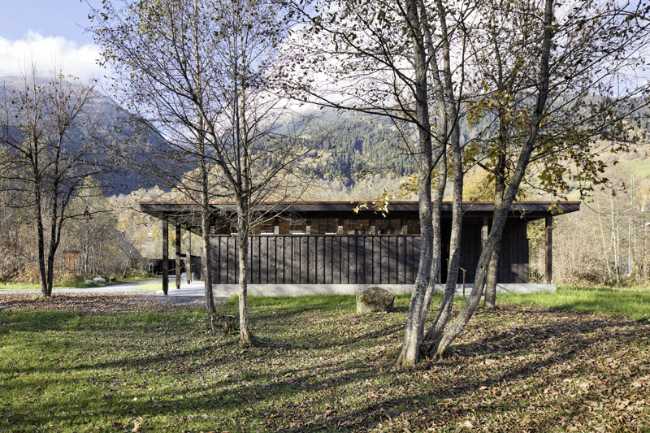 Volumen plano techo de madera entre los árboles