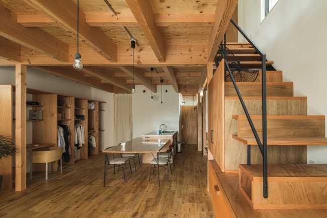 Wooden staircase with metal balustrade