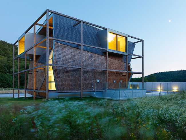 Exterior of the building with interior lighting