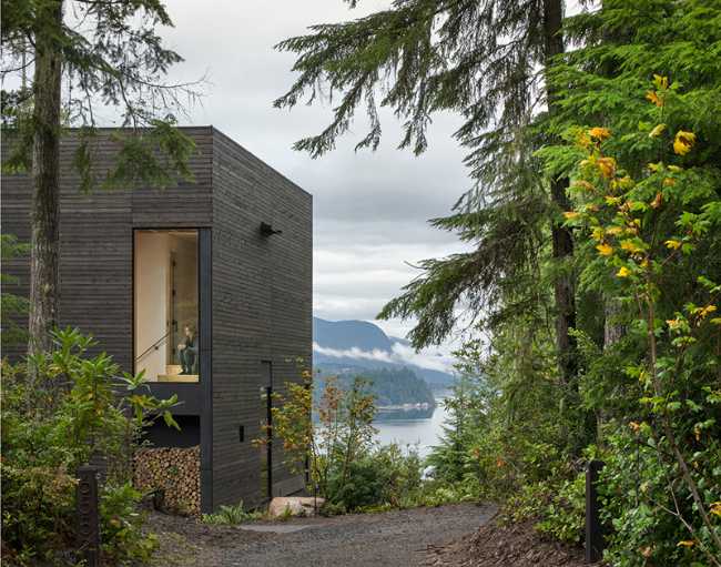 Dark wood exterior in contrast with the green of nature
