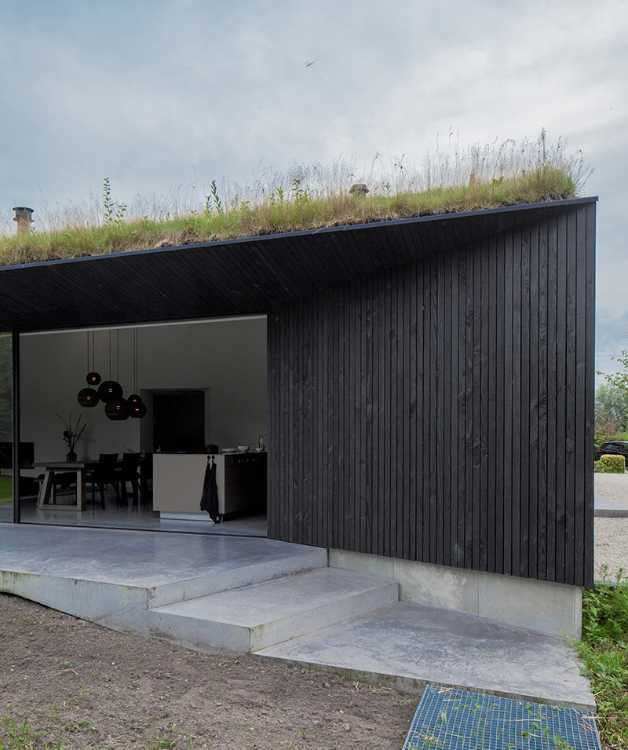 Wooden house with green roof