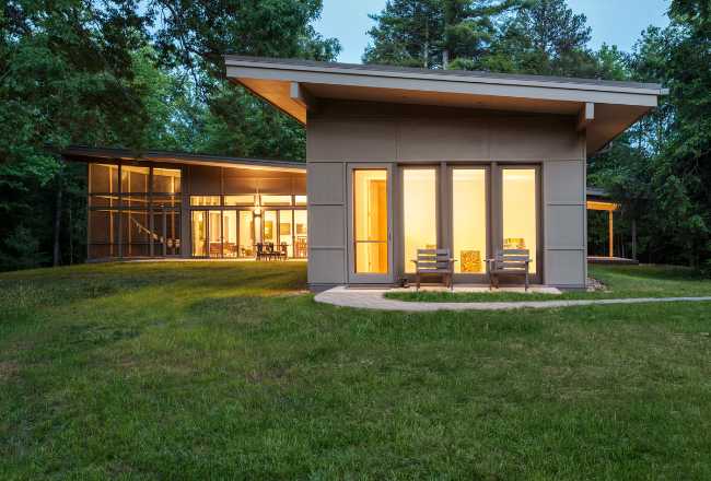 L-shaped building surrounded by nature
