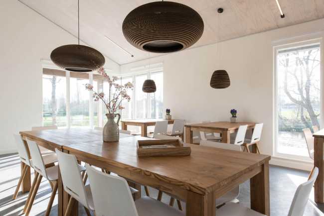 Stained glass windows on the surrounding greenery