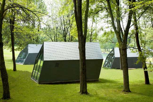 Three kiosks in the trees