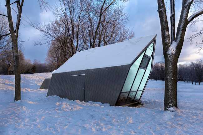 Wooden kiosk with sloping walls
