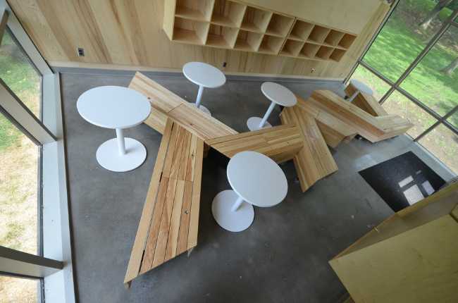 Wooden interior with white seats