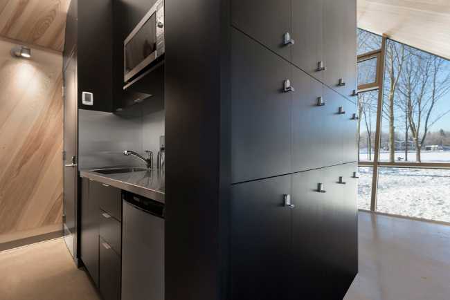 Dark kitchen in wooden interior