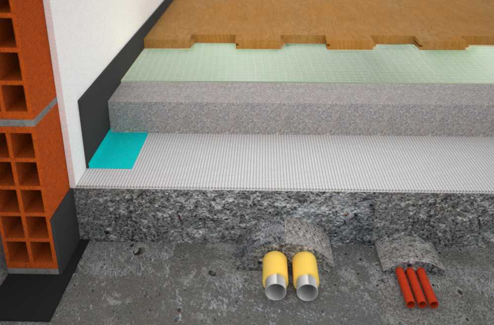 Render acoustically insulated radiant floor stratigraphy with Isolmant floor system
