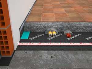 Render acoustically insulated radiant floor stratigraphy with Isolmant floor system