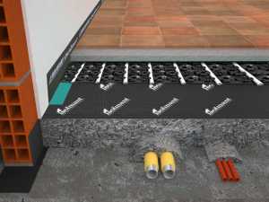 Renderice la estratigrafía del piso radiante con aislamiento acústico con el sistema de piso Isolmant