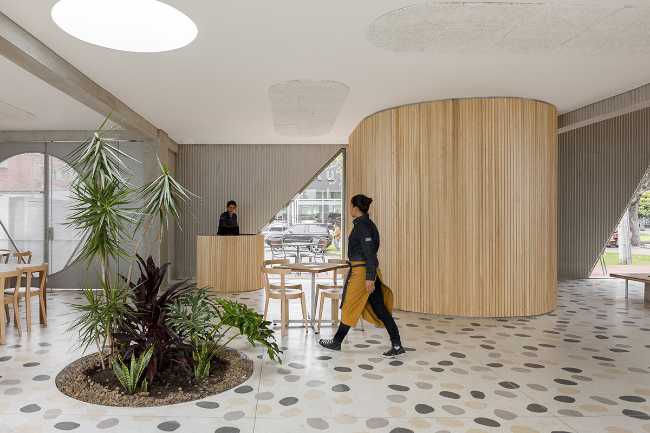 wood cladding and concrete walls