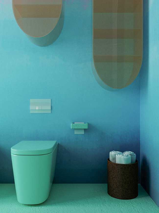 bagno pavimento verde e pareti azzurre