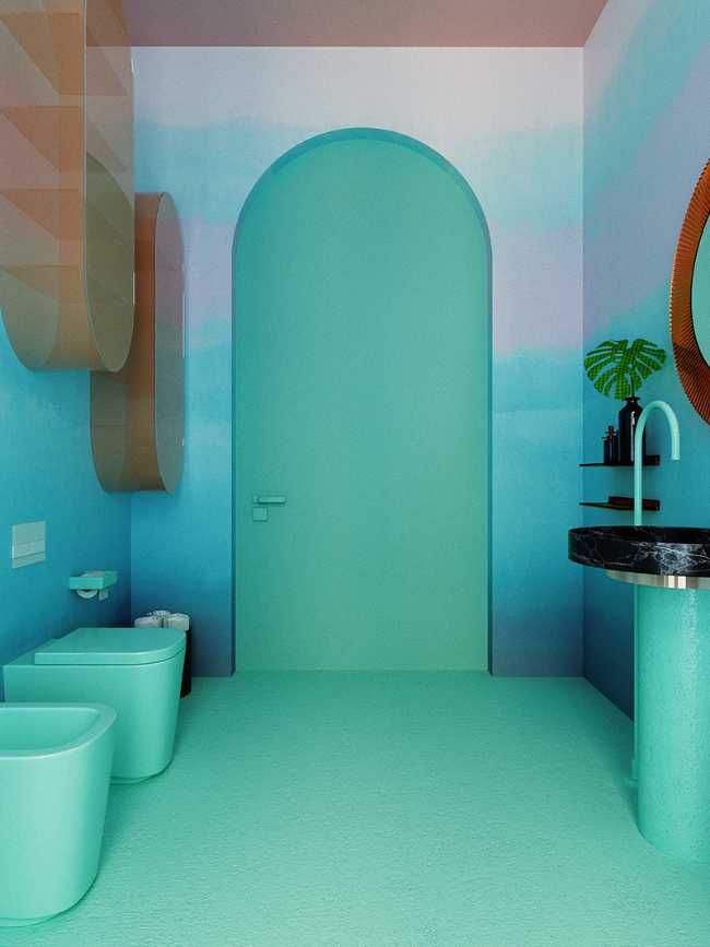 bagno pavimento e porta verde pareti azzurre
