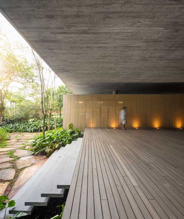 lattes de bois de patio extérieur vue jardin forestier
