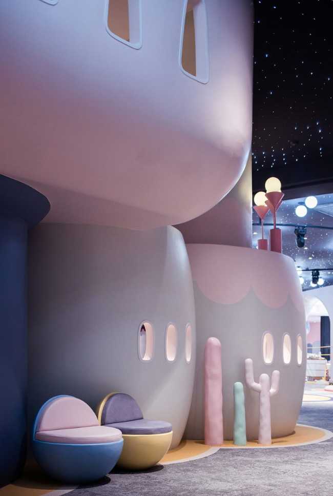 shopping mall playground miniature buildings pastel colors