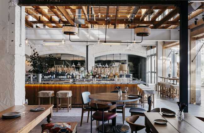 Bar counter and tables of a motel