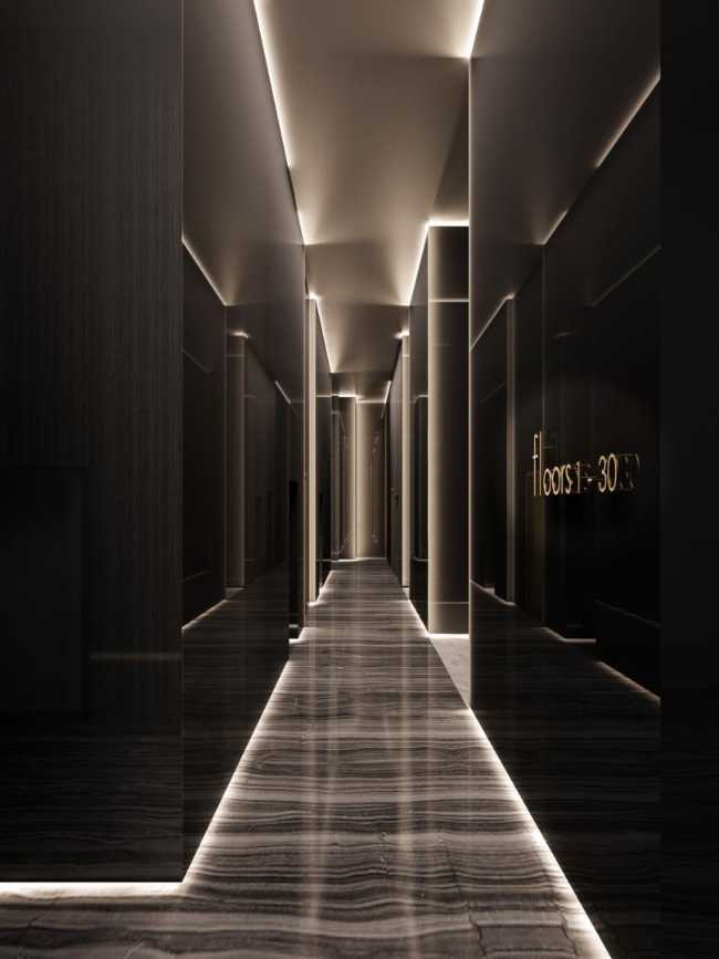 Illuminated hallway of a luxury residence