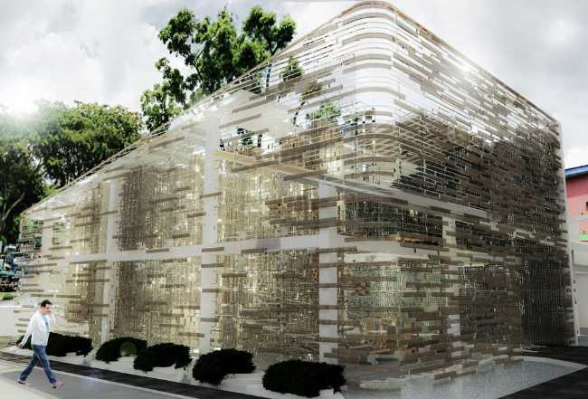 estructura de fachada de tienda de cartón