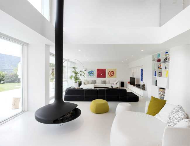 caminetto centrale design finiture bianco