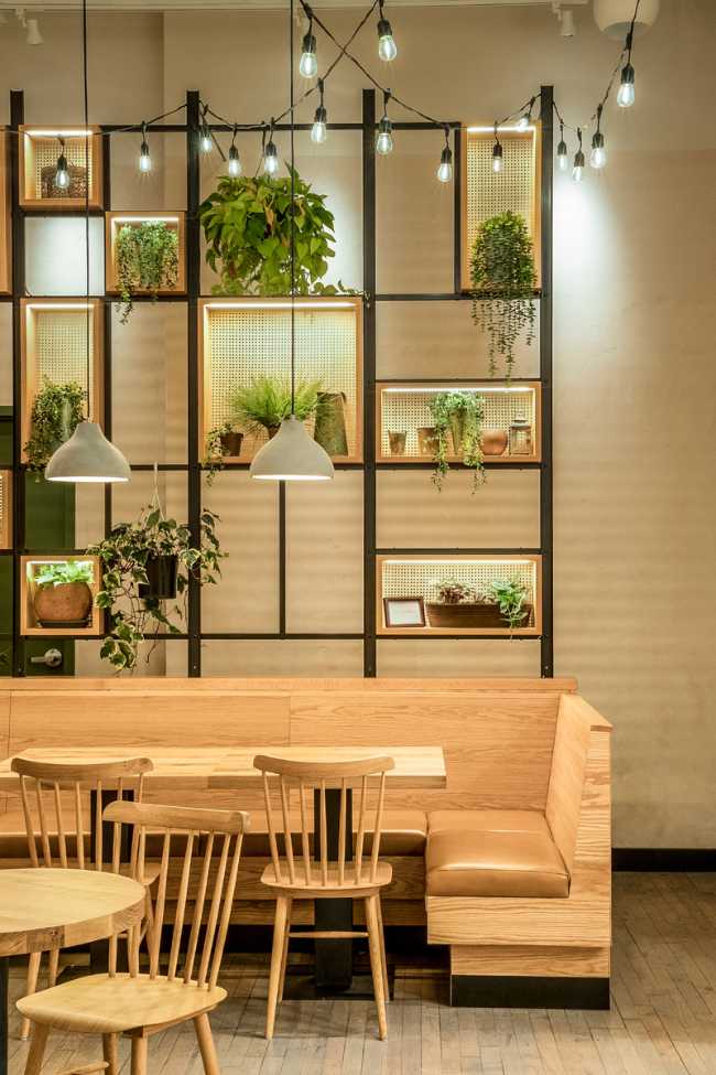 Wooden seats in contrast with the white brick wall