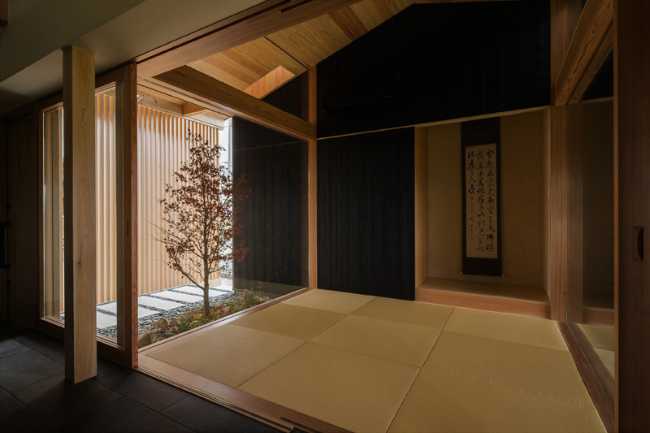 Wooden interior with stained glass windows