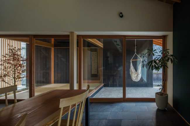 Wooden interior with stained glass windows