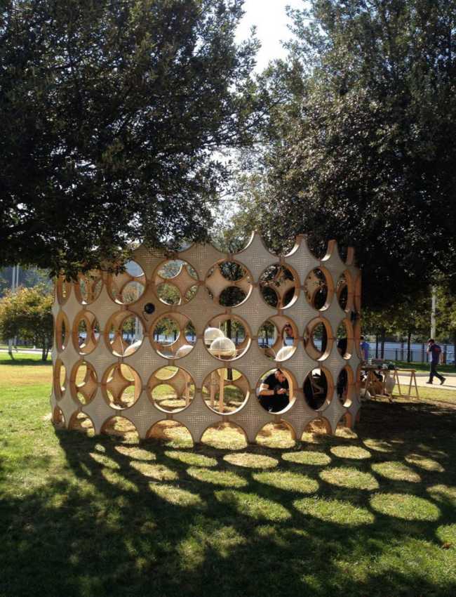 Wooden pavilion with geometric shapes