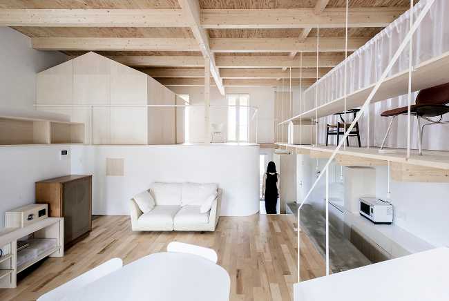 Interior with mezzanine in light wood