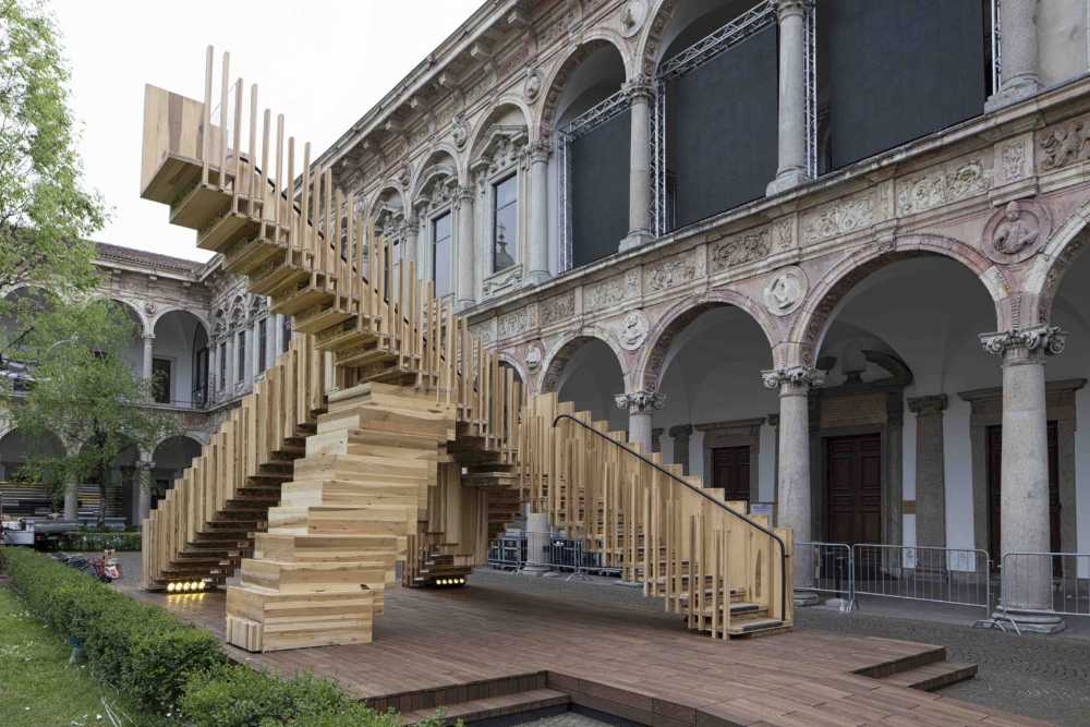 Wooden staircase in an internal courtyard in Milan