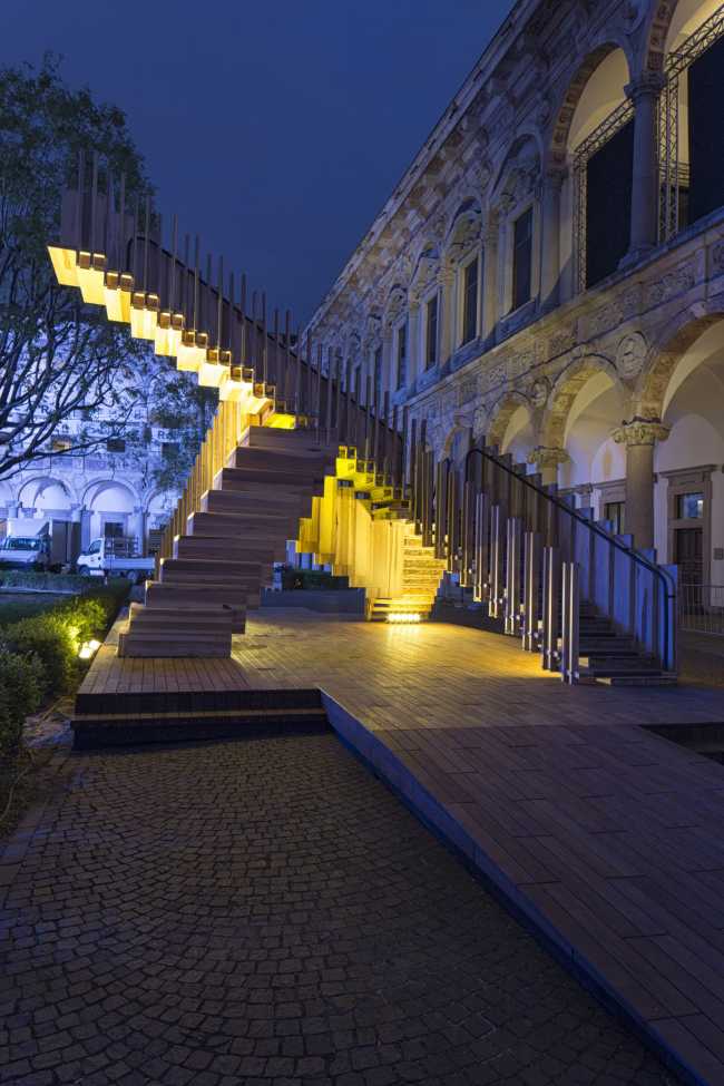 Night lighting of a wooden staircase