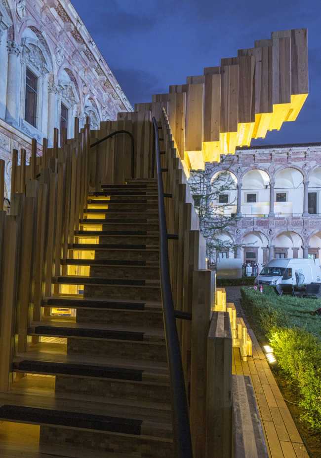 Infinite staircase of illuminated wood