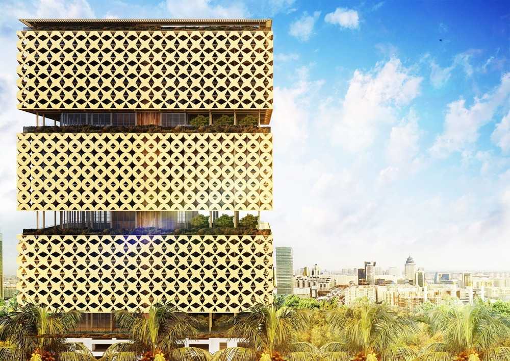 Render di una torre in legno con terrazze verdi