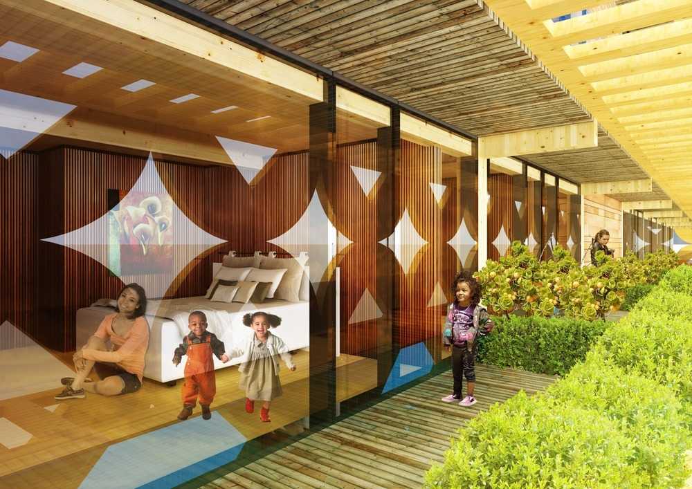 Render di una torre in legno con terrazze verdi